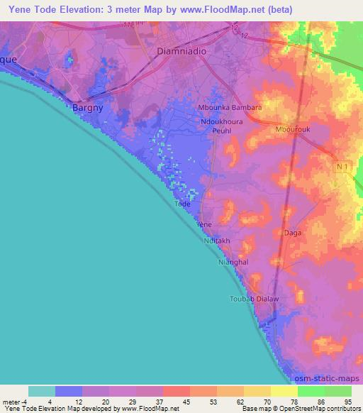 Yene Tode,Senegal Elevation Map
