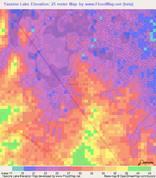 Yassine Lake,Senegal Elevation Map