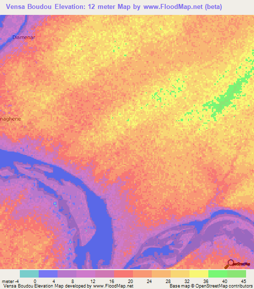 Vensa Boudou,Senegal Elevation Map
