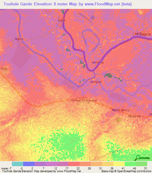 Toufnde Gande,Senegal Elevation Map