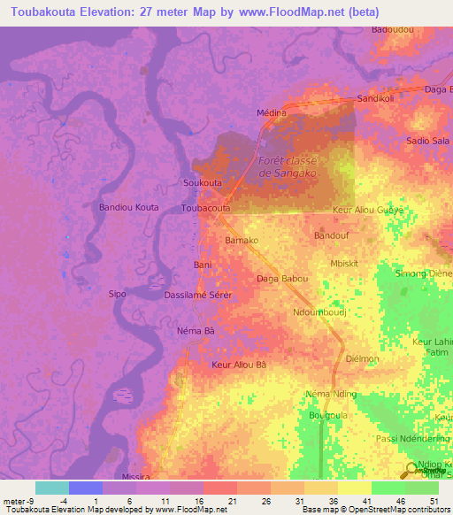 Toubakouta,Senegal Elevation Map