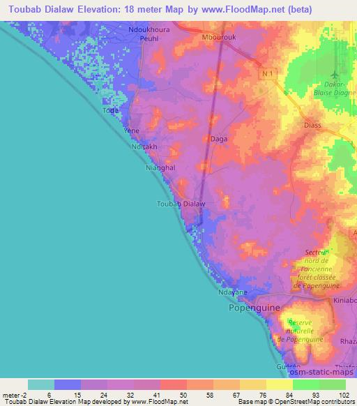 Toubab Dialaw,Senegal Elevation Map