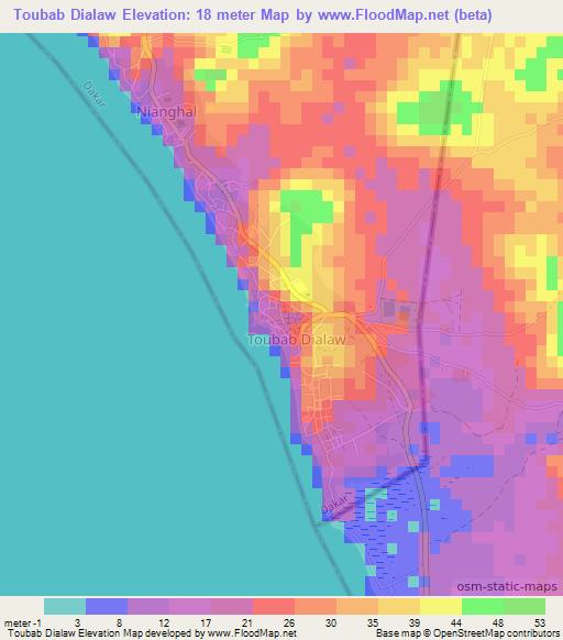 Toubab Dialaw,Senegal Elevation Map