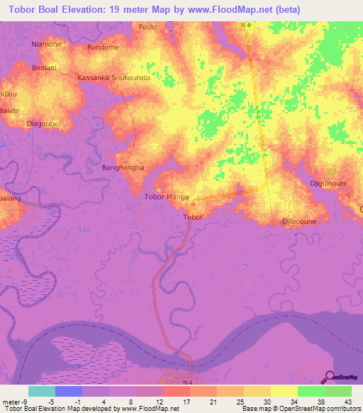Tobor Boal,Senegal Elevation Map