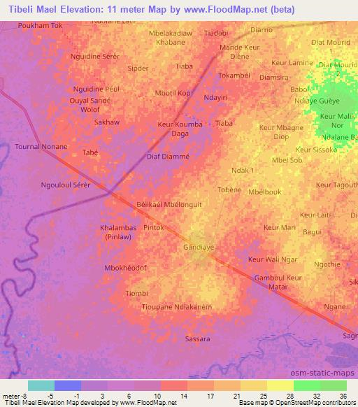 Tibeli Mael,Senegal Elevation Map
