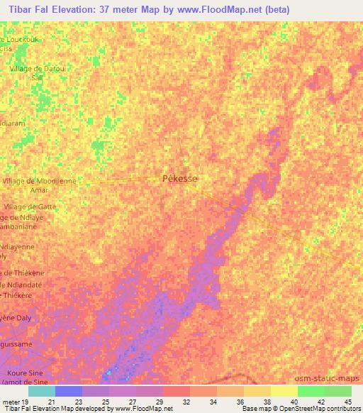 Tibar Fal,Senegal Elevation Map