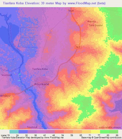 Tianfara Koba,Senegal Elevation Map