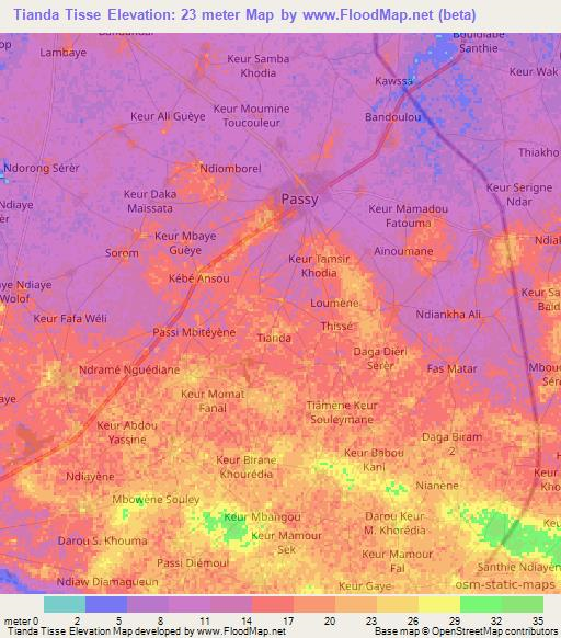 Tianda Tisse,Senegal Elevation Map