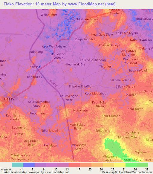 Tiako,Senegal Elevation Map