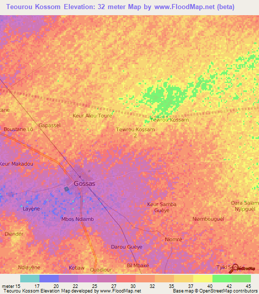Teourou Kossom,Senegal Elevation Map