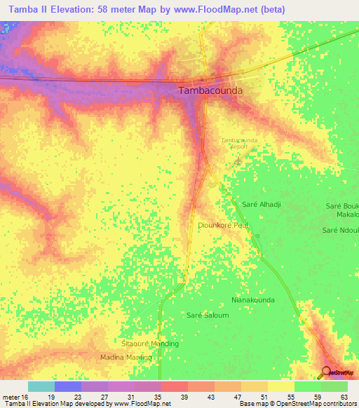 Tamba II,Senegal Elevation Map