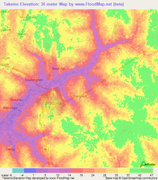 Takeme,Senegal Elevation Map