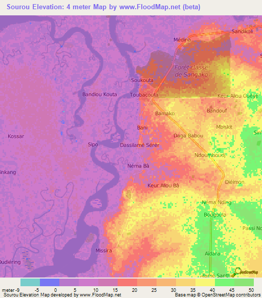 Sourou,Senegal Elevation Map