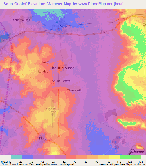 Soun Ouolof,Senegal Elevation Map