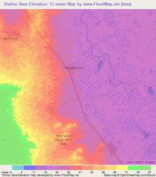 Sintiou Bara,Senegal Elevation Map