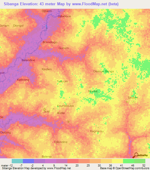 Sibanga,Senegal Elevation Map