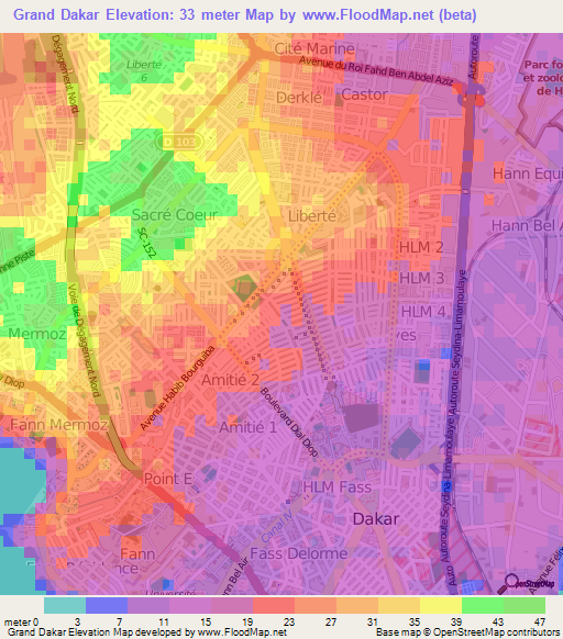 Grand Dakar,Senegal Elevation Map