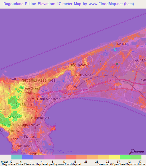 Dagoudane Pikine,Senegal Elevation Map