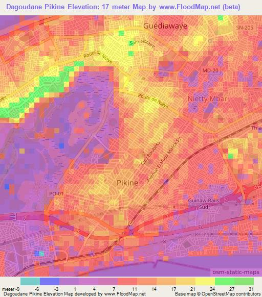 Dagoudane Pikine,Senegal Elevation Map