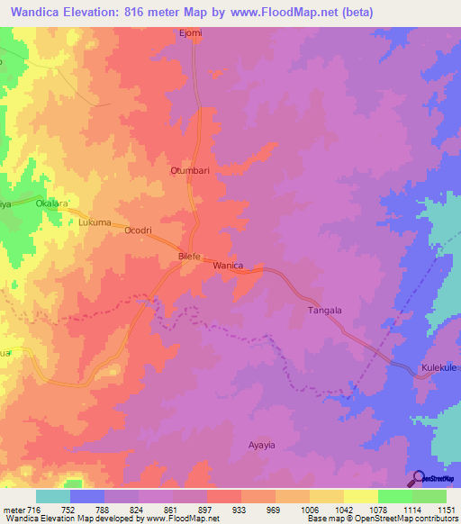Wandica,Uganda Elevation Map