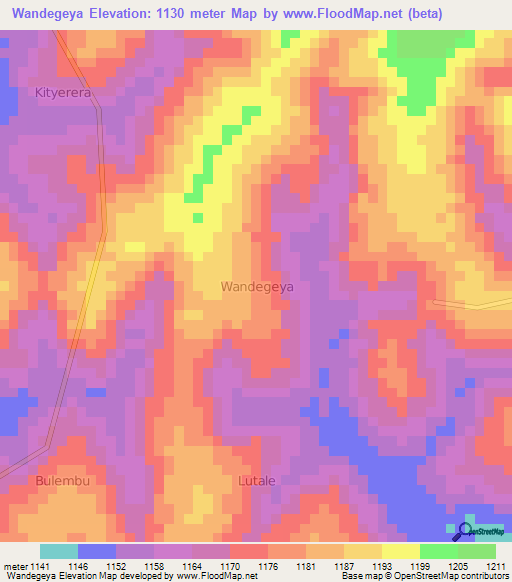 Wandegeya,Uganda Elevation Map