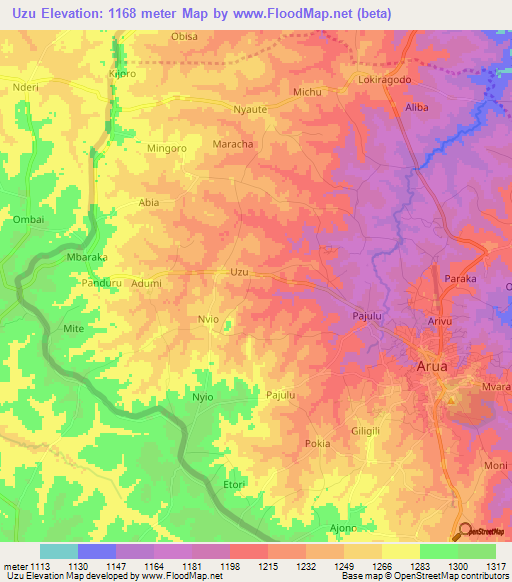 Uzu,Uganda Elevation Map