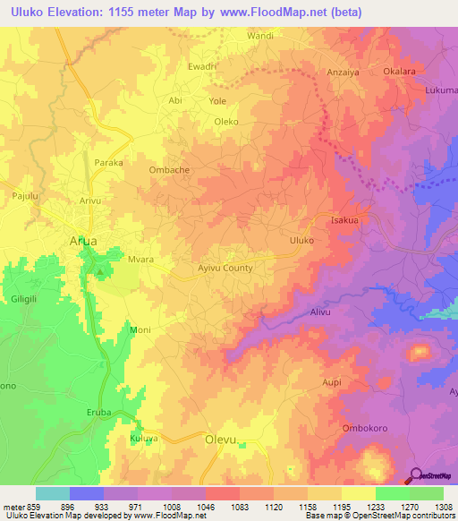 Uluko,Uganda Elevation Map