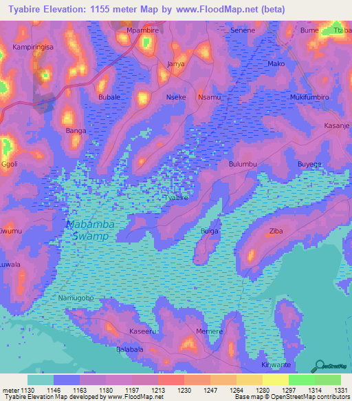 Tyabire,Uganda Elevation Map