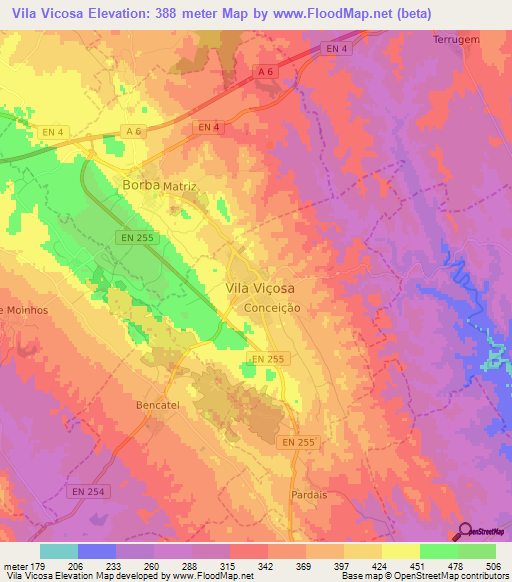 Vila Vicosa,Portugal Elevation Map