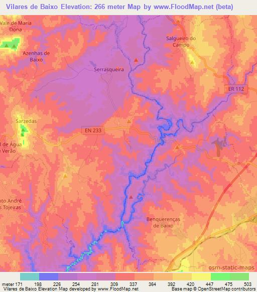 Vilares de Baixo,Portugal Elevation Map