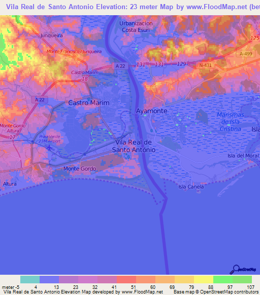 Vila Real de Santo Antonio,Portugal Elevation Map