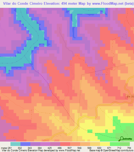 Vilar do Conde Cimeiro,Portugal Elevation Map