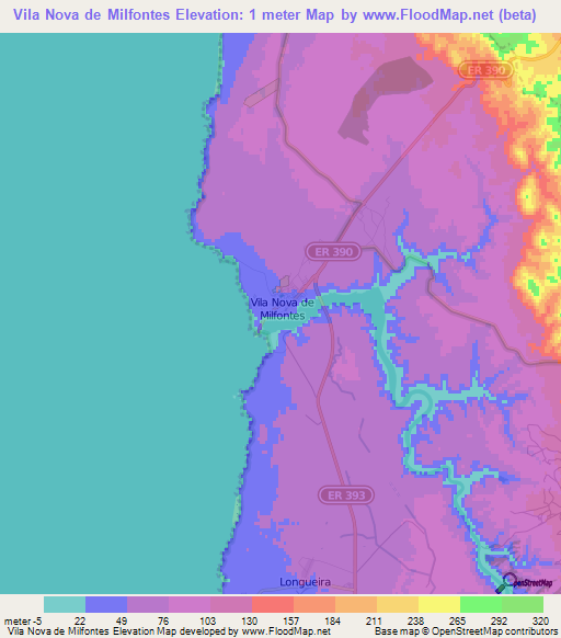 Vila Nova de Milfontes,Portugal Elevation Map
