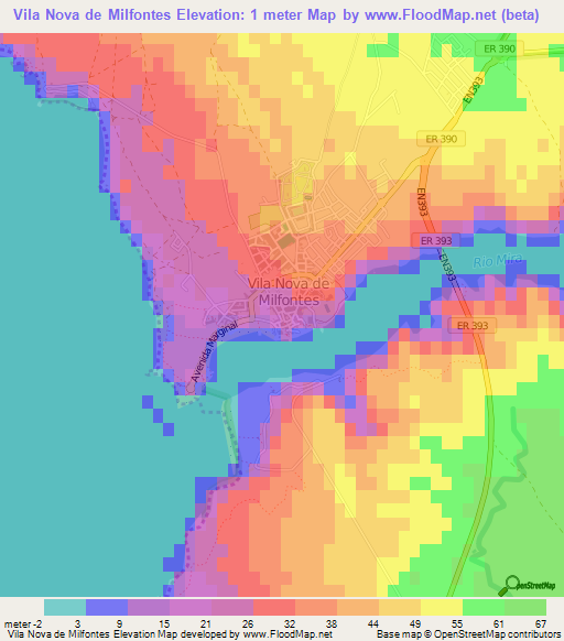 Vila Nova de Milfontes,Portugal Elevation Map