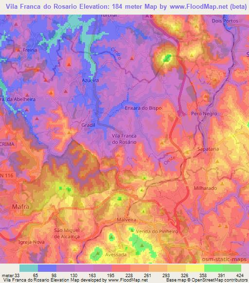 Vila Franca do Rosario,Portugal Elevation Map