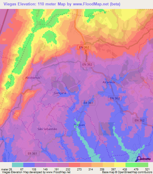 Viegas,Portugal Elevation Map