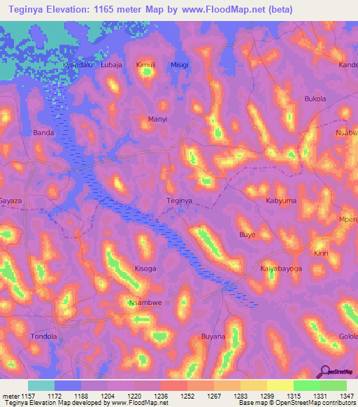 Teginya,Uganda Elevation Map