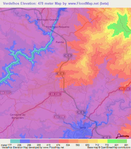 Verdelhos,Portugal Elevation Map