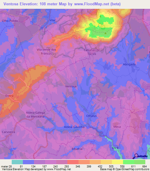 Ventosa,Portugal Elevation Map