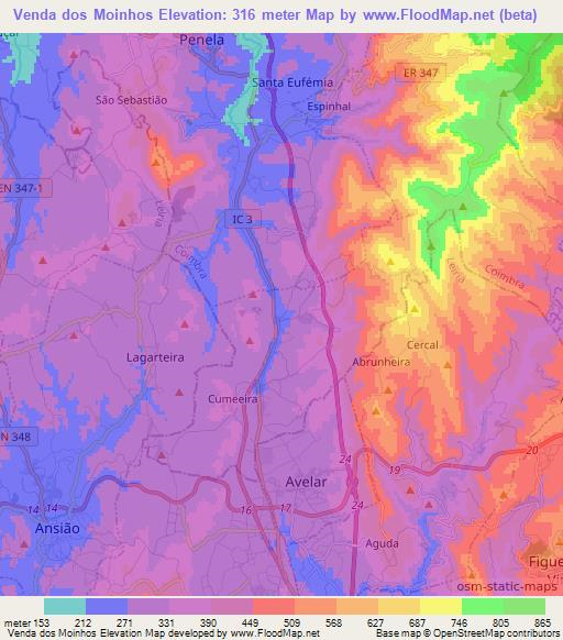 Venda dos Moinhos,Portugal Elevation Map