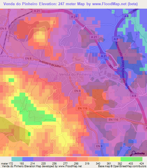 Venda do Pinheiro,Portugal Elevation Map