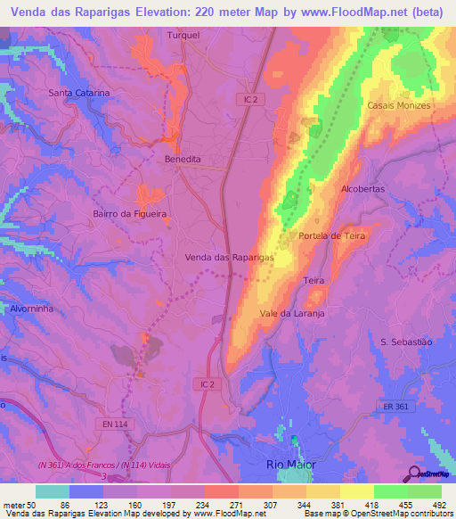 Venda das Raparigas,Portugal Elevation Map