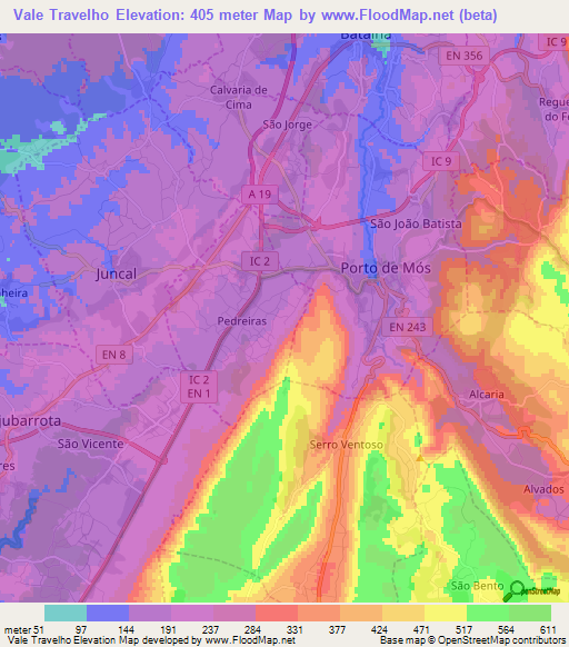 Vale Travelho,Portugal Elevation Map