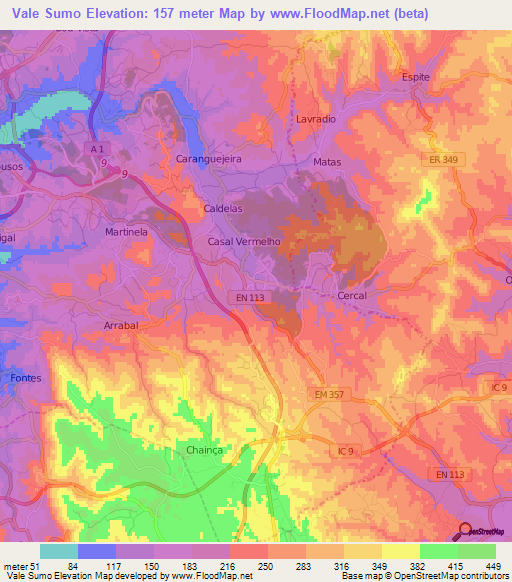 Vale Sumo,Portugal Elevation Map
