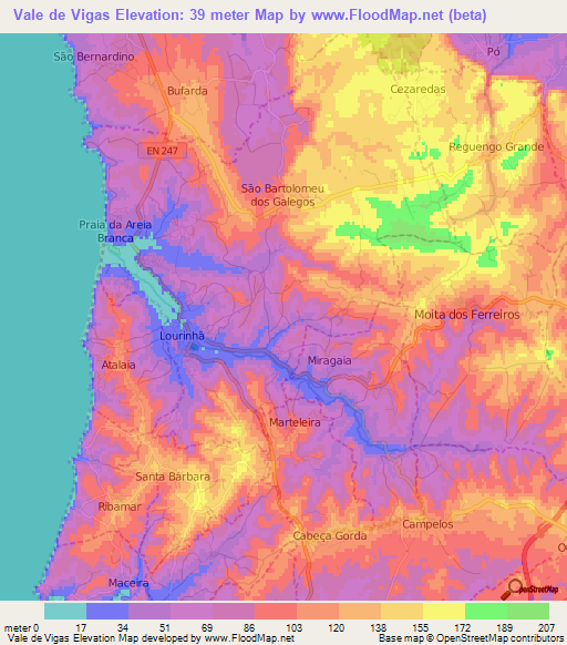 Vale de Vigas,Portugal Elevation Map