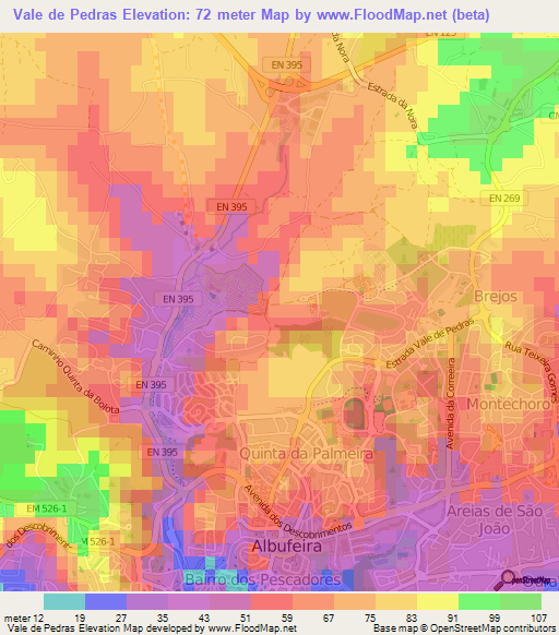 Vale de Pedras,Portugal Elevation Map