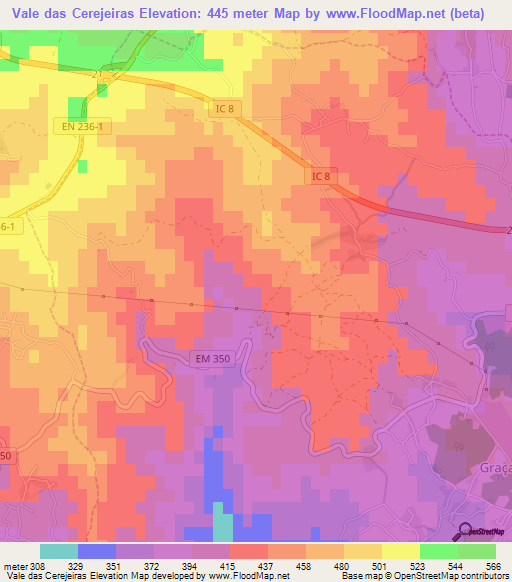 Vale das Cerejeiras,Portugal Elevation Map