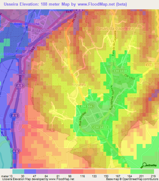 Usseira,Portugal Elevation Map