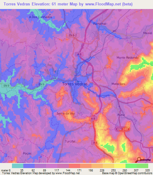 Torres Vedras,Portugal Elevation Map