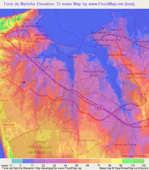 Torre da Marinha,Portugal Elevation Map